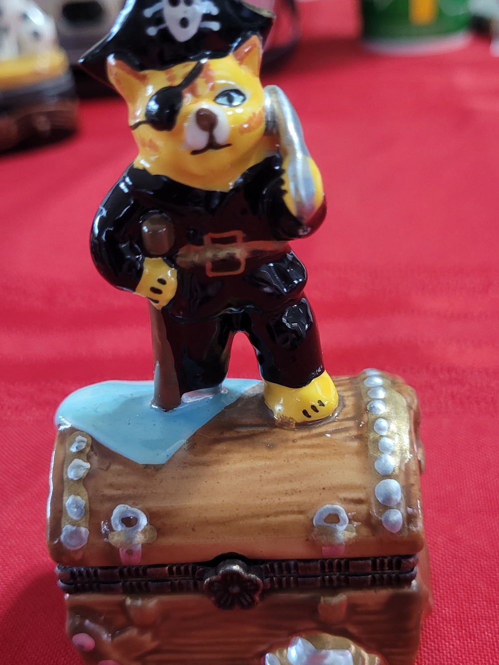 Pirate Cat W/Treasure Chest Trinket Box - Black & Yellow Ceramic